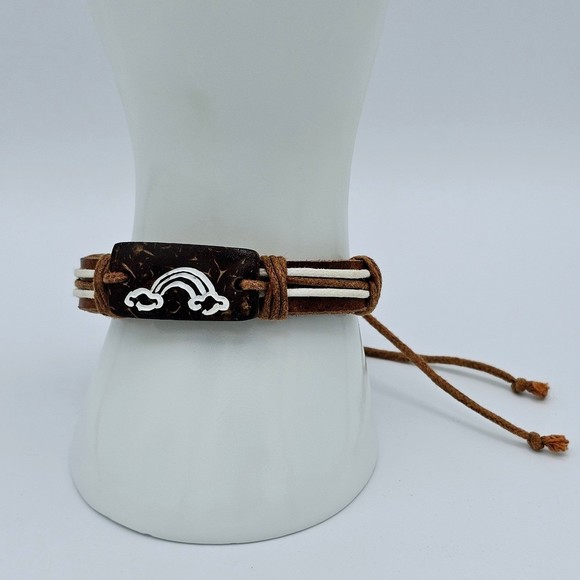 Leather Bracelet Hemp Cord Carved Rainbow Lightning Brown Tan Adjustable Slide - Picture 6 of 11